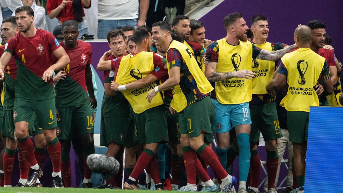 Cristiano Ronaldo celebrates Goncalo Ramos’s first goal for Portugal