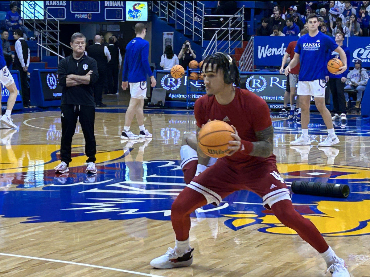 Indiana freshman guard Jalen Hood-Schifino going through pregame warmups at Allen Fieldhouse.