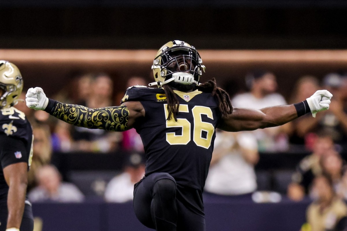 New Orleans Saints linebacker Demario Davis (56) reacts to sacking Cincinnati Bengals quarterback Joe Burrow. Mandatory Credit: Stephen Lew-USA TODAY Sports