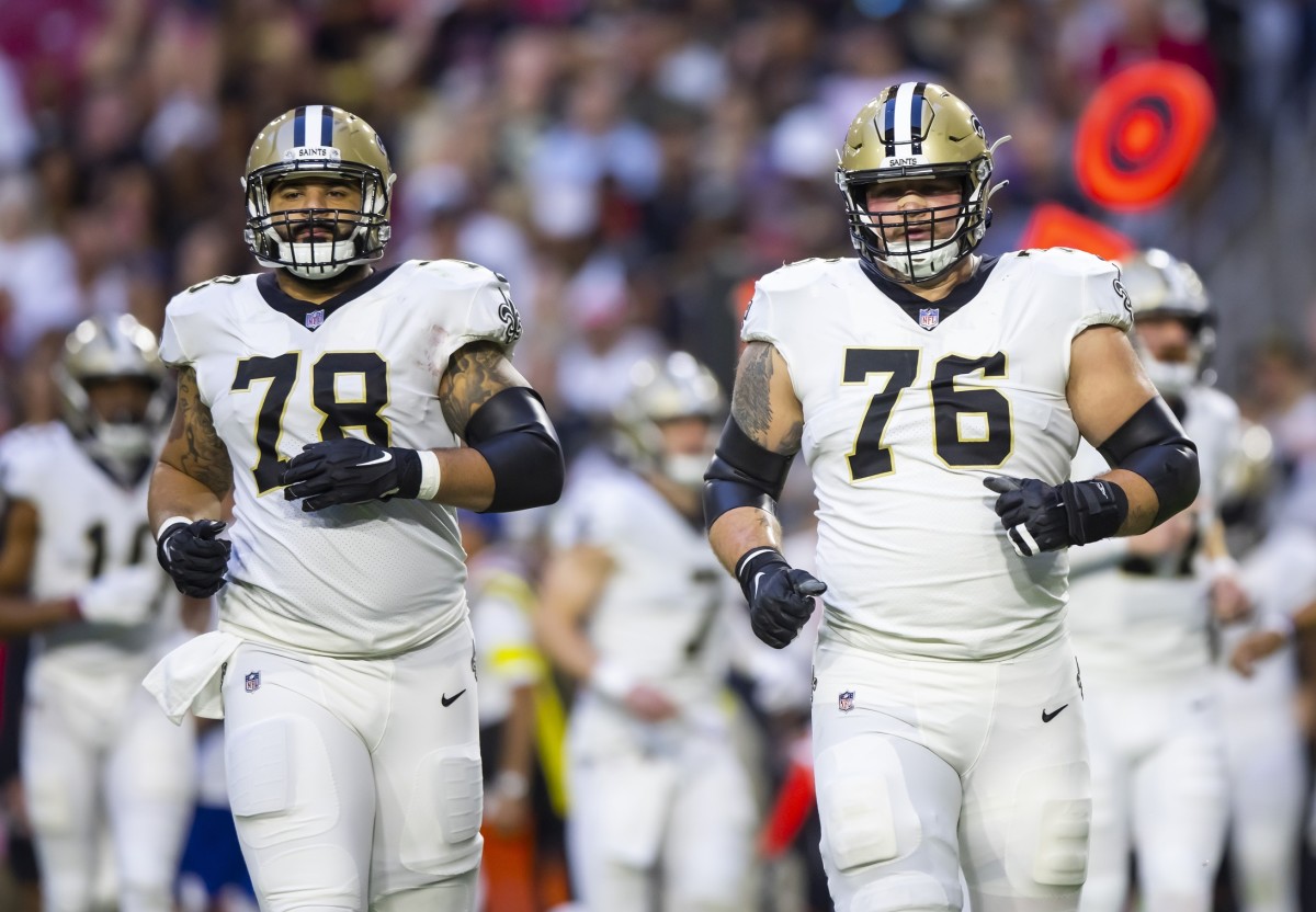 New Orleans Saints center Erik McCoy (78) and guard Calvin Throckmorton (76). Mandatory Credit: Mark J. Rebilas-USA TODAY Sports