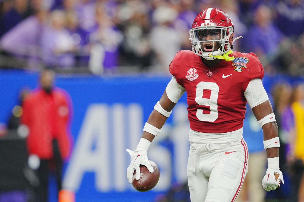Alabama Crimson Tide defensive back Jordan Battle (9) celebrates his interception against the Kansas State Wildcats during the first half in the 2022 Sugar Bowl at Caesars Superdome.