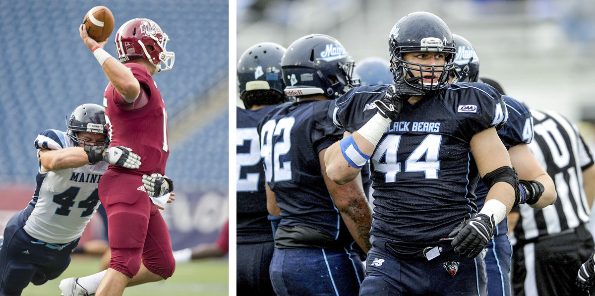 Playing for the University of Maine, Pat Ricard tackles a quarterback in one photo. In the second photo he stands outside a defensive huddle.