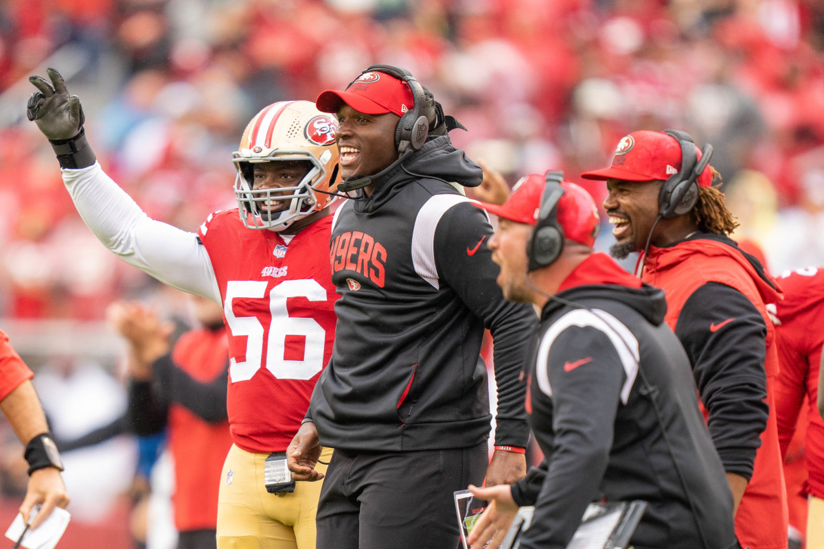 September 18, 2022; Santa Clara, California, USA; San Francisco 49ers defensive coordinator DeMeco Ryans celebrates during the third quarter against the Seattle Seahawks at Levi's Stadium.