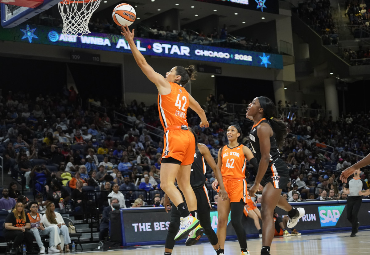 Guard Kelsey Plum shoots the ball for a layup at the WNBA All-Star Game.