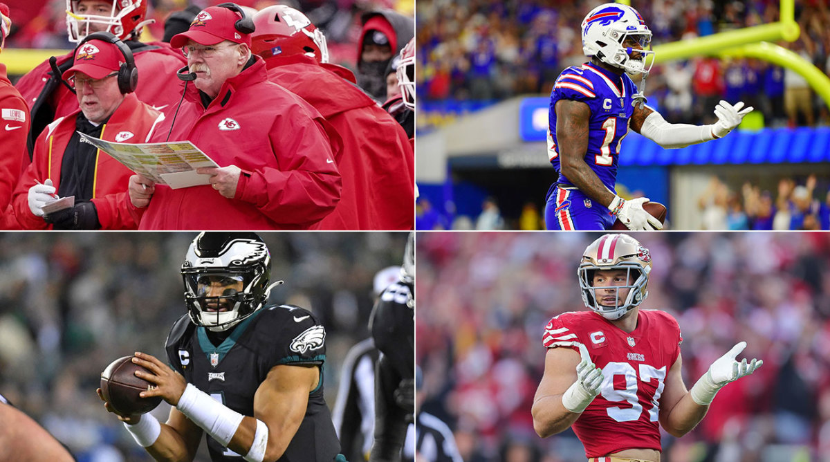 Separate photos of Andy Reid, Stefon Diggs, Nick Bosa and Jalen Hurts.