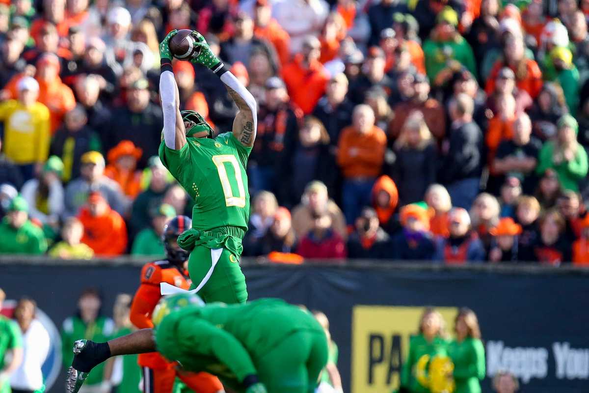 Oregon s Christian Gonzalez hauls in an interception as the No. 9 Oregon Ducks take on the No. 21 Oregon State Beavers at Reser Stadium in Corvallis, Ore. Saturday, Nov. 26, 2022. Ncaa Football Uo Vs Osu Rivalry Game University Of Oregon At Oregon State