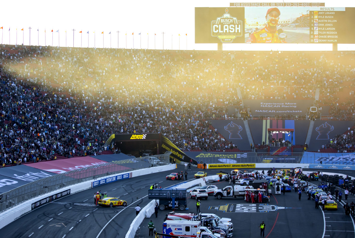 Overall view as NASCAR Cup Series driver Joey Logano celebrates after winning the Busch Light Clash at The Coliseum