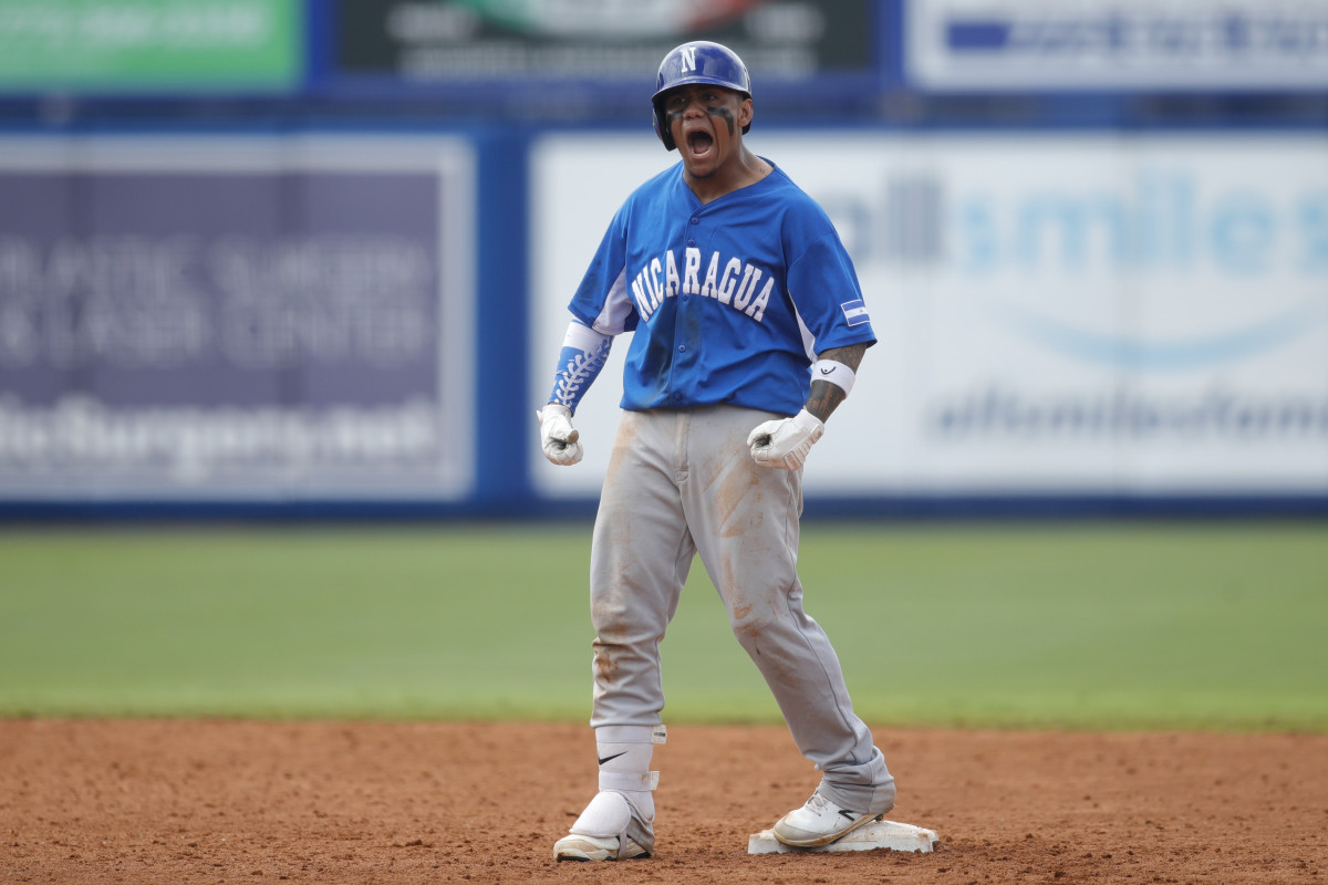 SF Giants prospect Ismael Munguia celebrates while playing for Nicaragua at the WBSC qualifier series. (2021