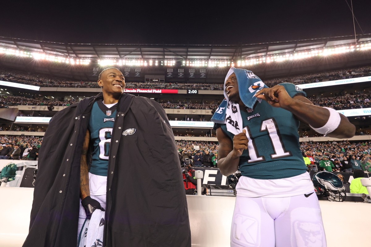 DeVonta Smith (left) and A.J. Brown enjoying the blowout of the 49ers to reach Super Bowl LVII