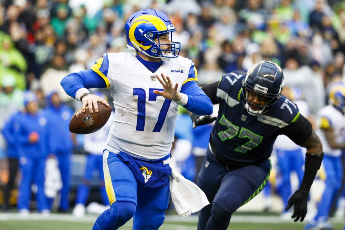 Jan 8, 2023; Los Angeles Rams quarterback Baker Mayfield (17) passes against the Seattle Seahawks. Mandatory Credit: Joe Nicholson-USA TODAY Sports