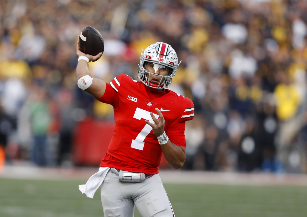 Nov 26, 2022; Columbus, Ohio, USA; Ohio State Buckeyes quarterback C.J. Stroud (7) throws during the second half against the Michigan Wolverines at Ohio Stadium. Mandatory Credit: Joseph Maiorana-USA TODAY Sports
