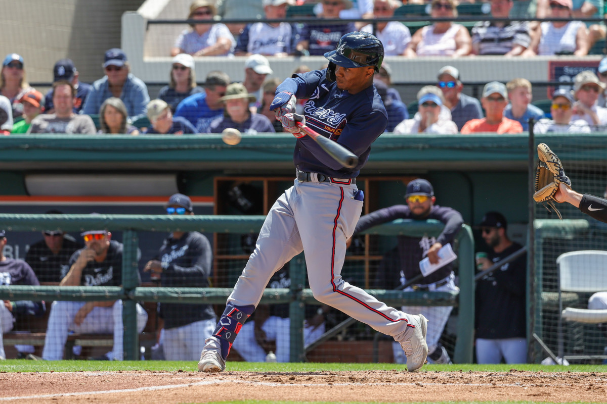 Mar 22, 2023; Lakeland, Florida, USA; Atlanta Braves left fielder Magneuris Sierra (46) hits a single during the second inning against the Detroit Tigers at Publix Field at Joker Marchant Stadium. Mandatory Credit: Mike Watters-USA TODAY Sports