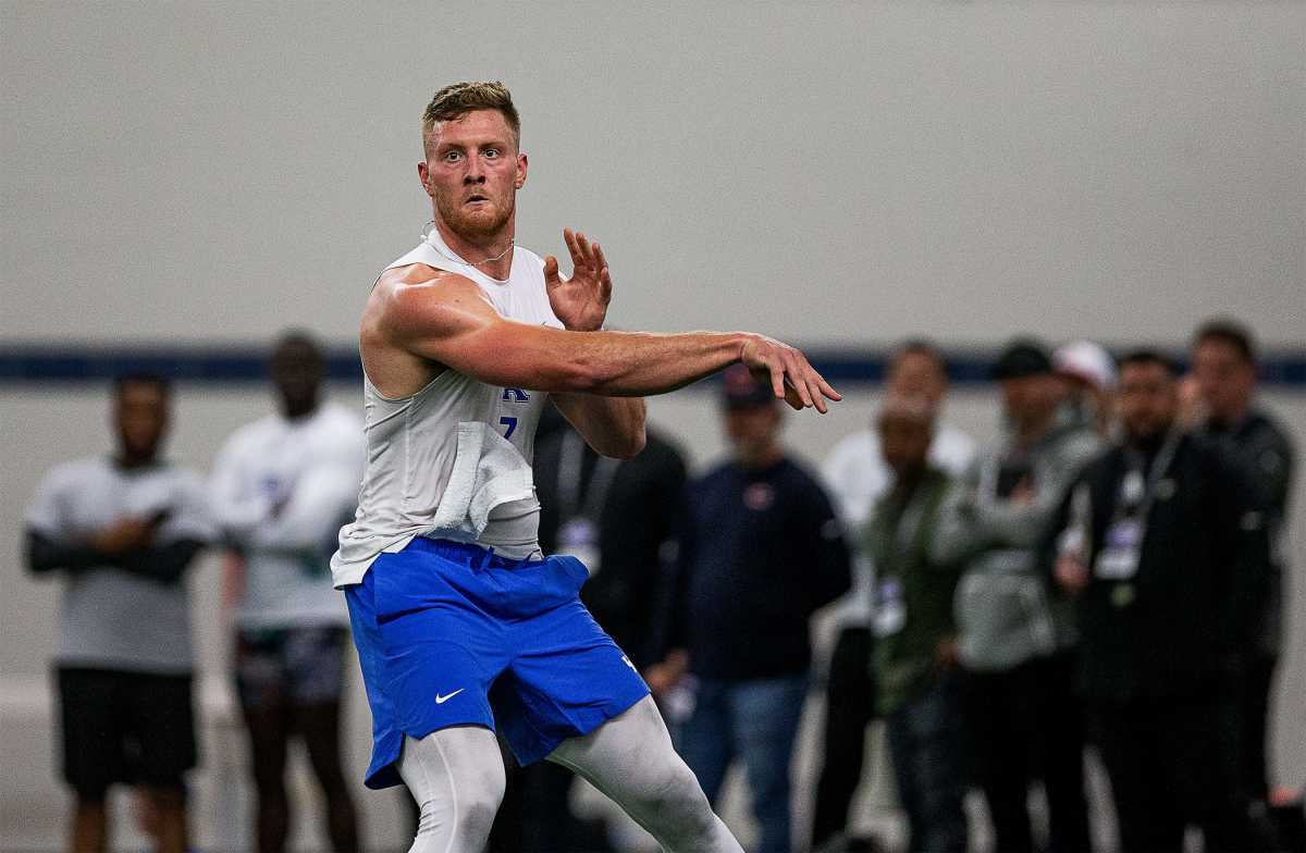 University of Kentucky senior quarterback Will Levis showed off his passing form while being watched by NFL scouts during a Pro Day workout at Nutter Field House in Lexington, Ky., on Friday, Mar. 24, 2023