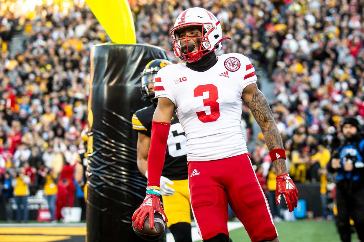 Nebraska's Trey Palmer (3) reacts after scoring a touchdown during a NCAA Big Ten Conference football game against Iowa, Friday, Nov. 25, 2022, at Kinnick Stadium in Iowa City, Iowa.