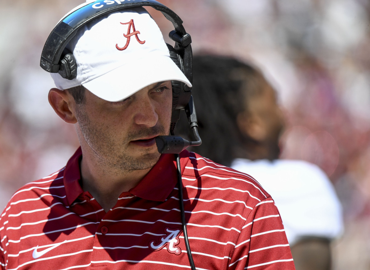Apr 22, 2023; Tuscaloosa, AL, USA; White team coach Tommy Rees, Alabama s offensive coordinator, talks to players on the sideline during the A-Day game at Bryant-Denny Stadium. Mandatory Credit: Gary Cosby-USA TODAY Sports