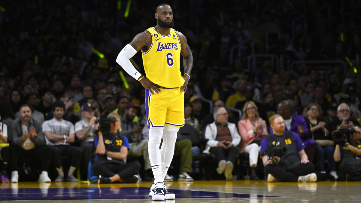 Los Angeles Lakers forward LeBron James stands on the court during the first quarter of game six of the 2023 NBA playoffs against the Memphis Grizzlies at Crypto.com Arena.