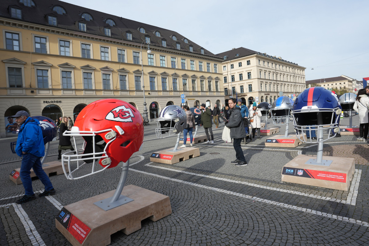 Nov 11, 2022; Munich, Germany; Large helmets of the Kansas City Chiefs, Dallas Cowboys and New York Giants during fan activation event at Odeonsplatz. Mandatory Credit: Kirby Lee-USA TODAY Sports