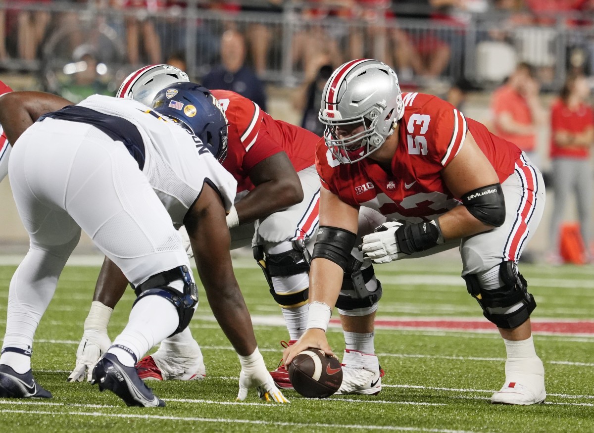 Sep 16, 2022; Columbus, Ohio, United States; Ohio State Buckeyes offensive lineman Luke Wypler (53) prepares the hike the ball during the Toledo game. Mandatory Credit: Doral Chenoweth/The Columbus Dispatch Osu22tol Dc