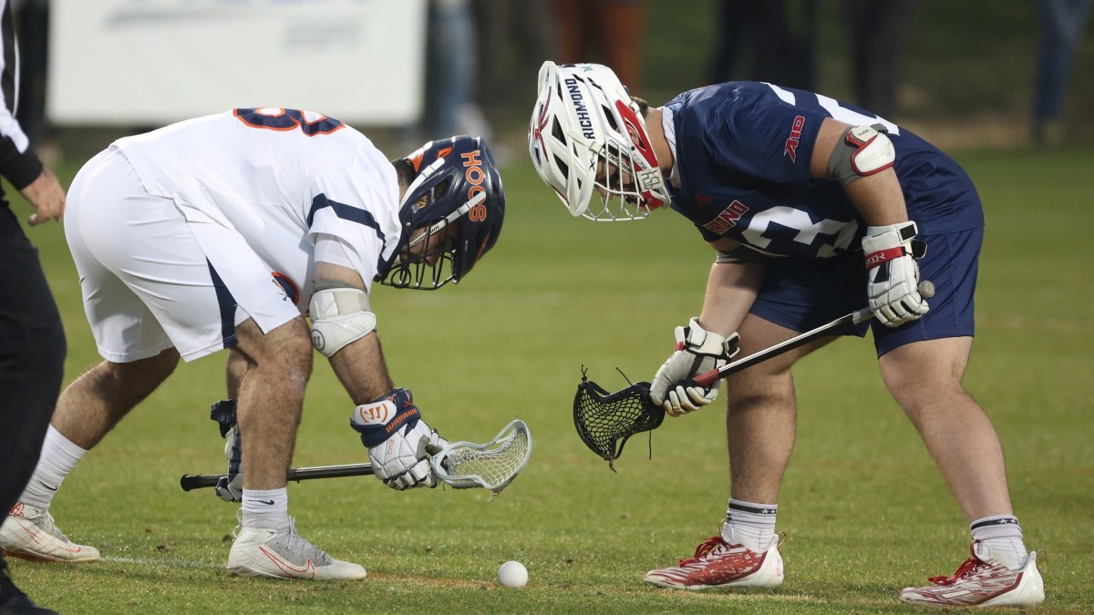 Petey LaSalla prepares for a faceoff during the Virginia men's lacrosse game against Richmond at Klockner Stadium.