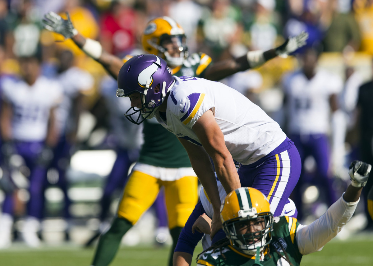 Daniel Carlson was out after missing three kicks at Lambeau Field in his second career game. (Photo by USA Today Sports Images)