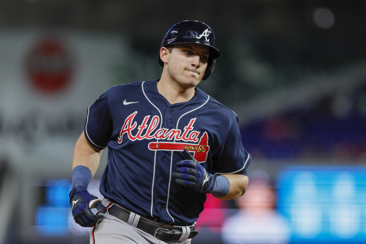 May 3, 2023; Miami, Florida, USA; Atlanta Braves third baseman Austin Riley (27) circles the bases after hitting a two-run home run during the fifth inning against the Miami Marlins at loanDepot Park.