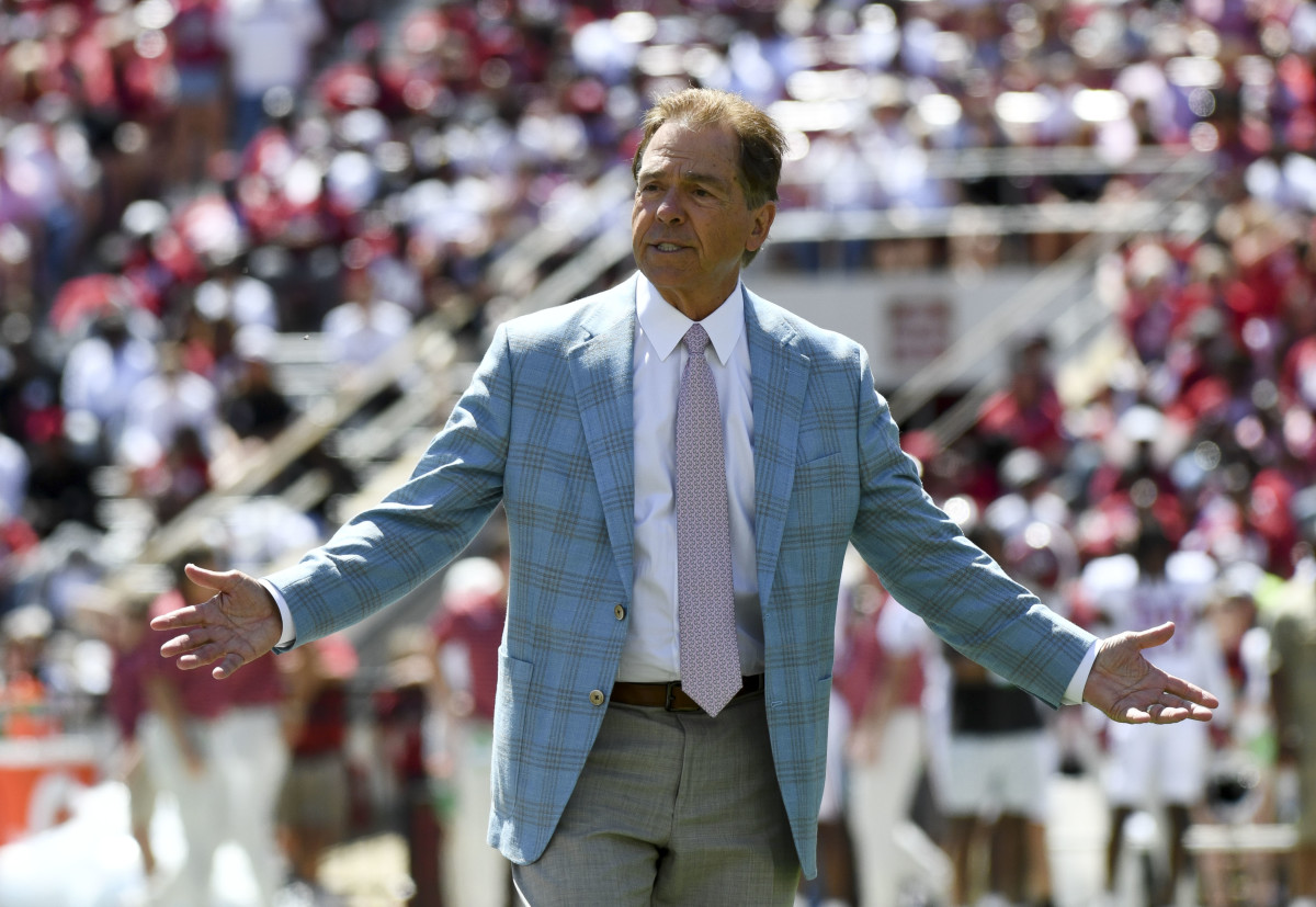 Apr 22, 2023; Tuscaloosa, AL, USA; Alabama head coach Nick Saban has some words for the Crimson defense after they allowed a long touchdown run during the A-Day game at Bryant-Denny Stadium.