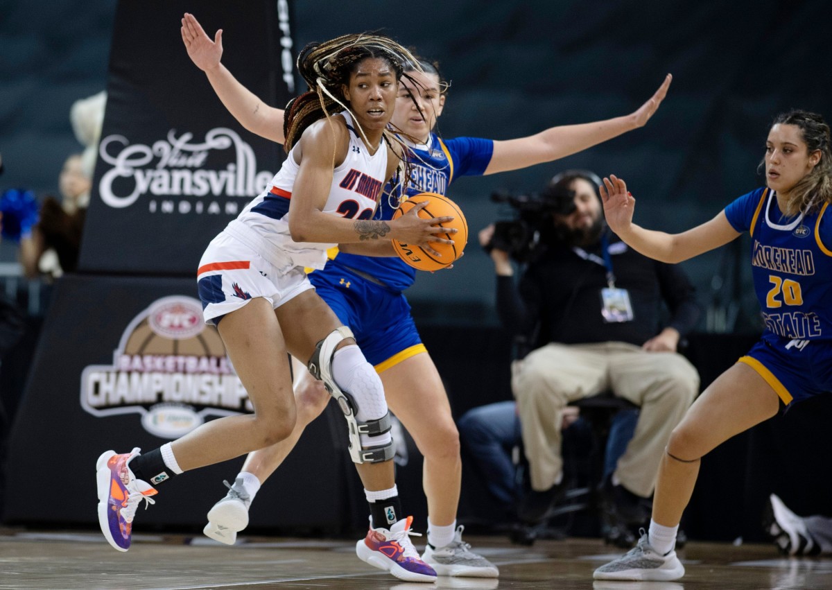 Tennessee Martin's Sharnecce Currie-Jelks (23) is guarded by Morehead State's Sophie Benharouga (14) during their first round game of the Ohio Valley Conference Women's Basketball Championship at Ford Center in Evansville, Ind., Wednesday afternoon, March 1, 2023.