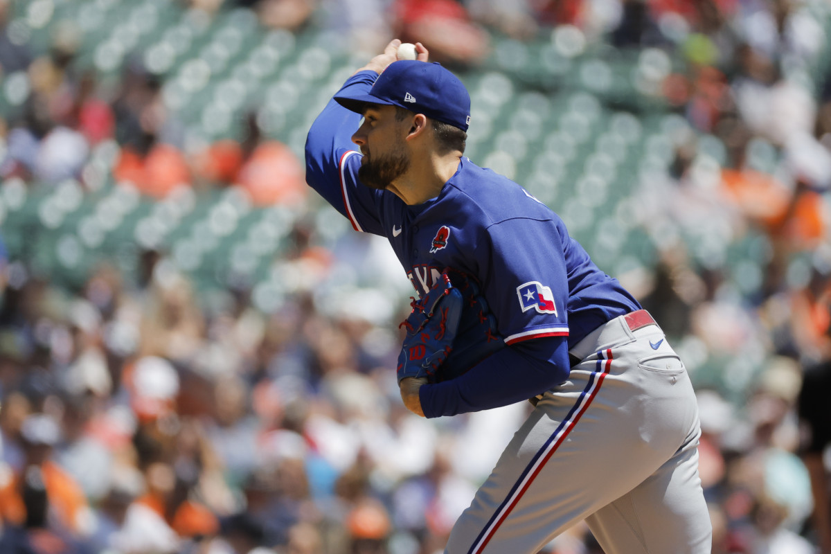 May 29, 2023; Detroit, Michigan, USA; Texas Rangers starting pitcher Nathan Eovaldi (17) pitches in the first inning against the Detroit Tigers at Comerica Park. Mandatory Credit: Rick Osentoski-USA TODAY Sports