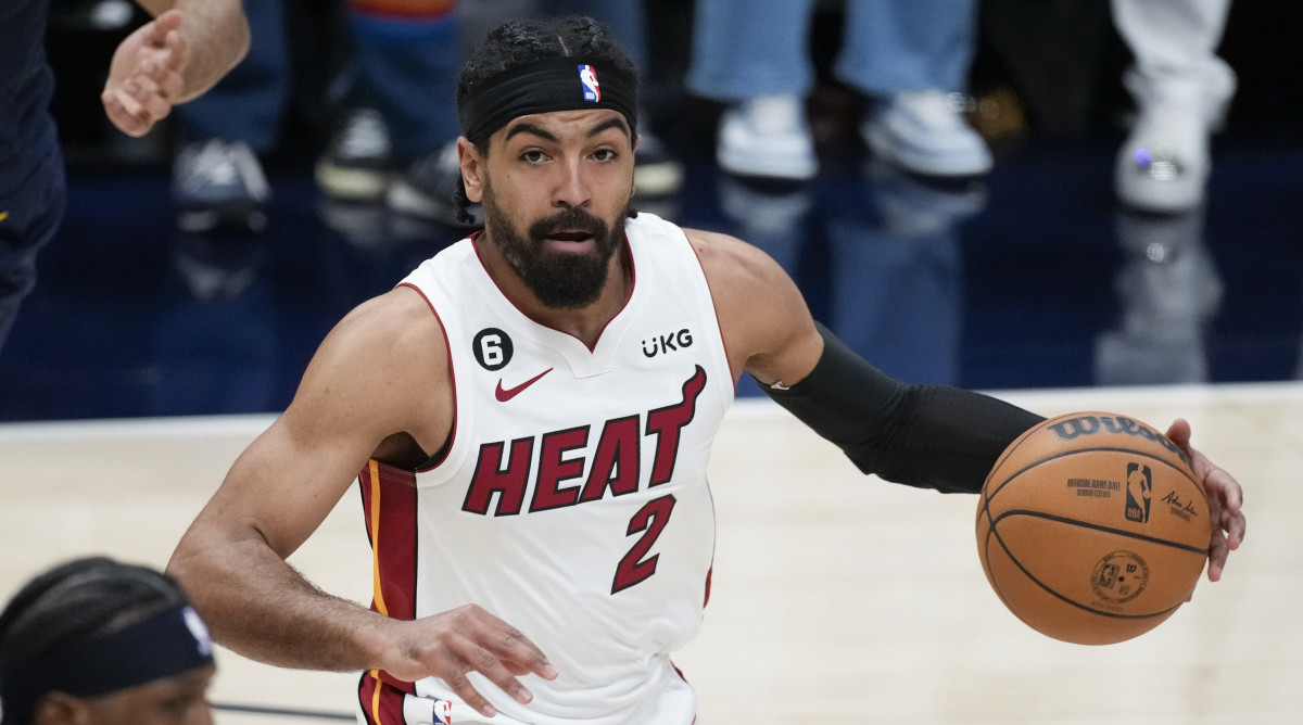 Heat guard Gabe Vincent dribbles during Game 2 of NBA Finals