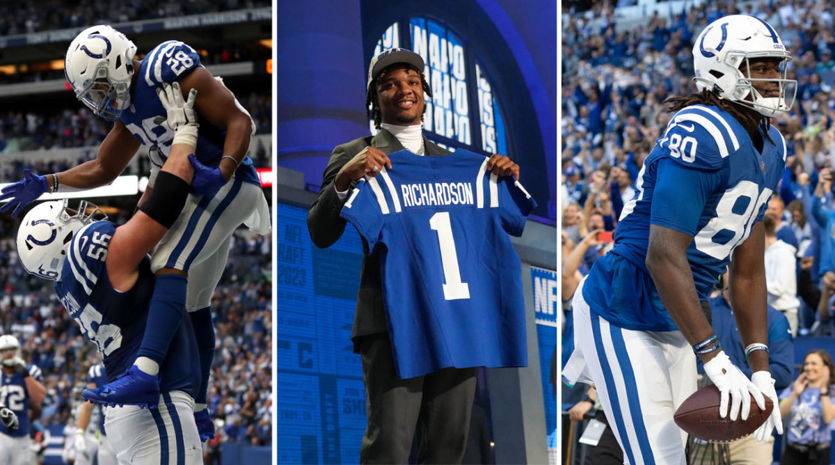 Quenton Nelson lifts Indianapolis Colts running back Jonathan Taylor; Anthony Richardson stands on stage holding his new jersey; Jelani Woods holds the ball near his knees