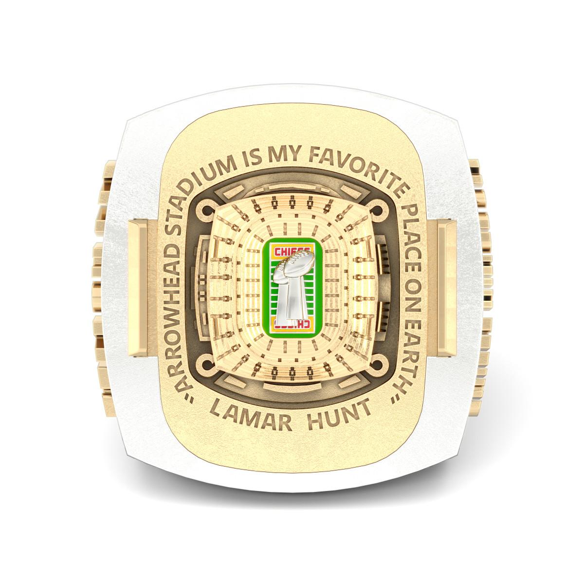 The Kansas City Chiefs Super Bowl LVII Ring is not only filled with unique details, but it also boasts an impressive stone count. With 609 round diamonds, 16 baguette diamonds, four marquise diamonds and 35 custom-cut genuine rubies totaling approximately 16.10 carats, this ring is fit for World Champions. Image and description courtesy of Jostens.