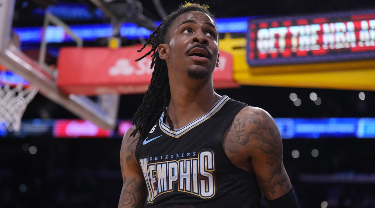 Memphis Grizzlies guard Ja Morant reacts during a playoff game against the Los Angeles Lakers at Crypto.com Arena.