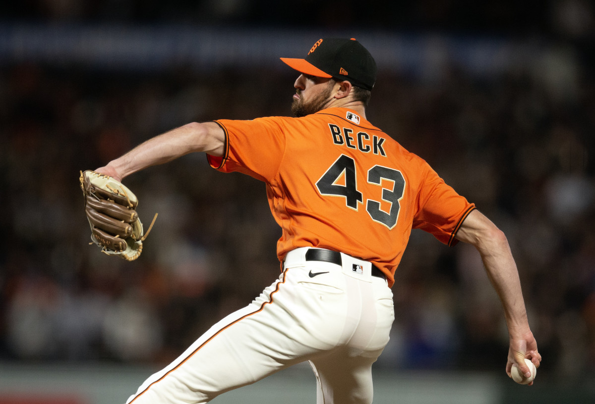 SF Giants pitcher Tristan Beck delivers a pitch against the Chicago Cubs during the seventh inning at Oracle Park. (2023)