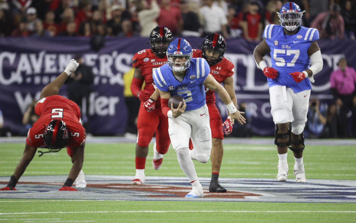 Dec 28, 2022; Houston, Texas, USA; Mississippi Rebels quarterback Jaxson Dart (2) runs with the ball during the fourth quarter against the Texas Tech Red Raiders in the 2022 Texas Bowl at NRG Stadium.
