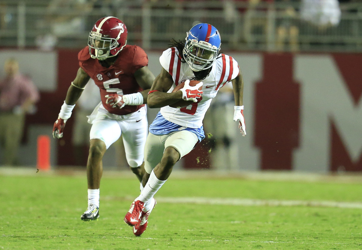Sep 19, 2015; Tuscaloosa, AL, USA; Mississippi Rebels wide receiver Quincy Adeboyejo (8) runs for a touchdown at Bryant-Denny Stadium.