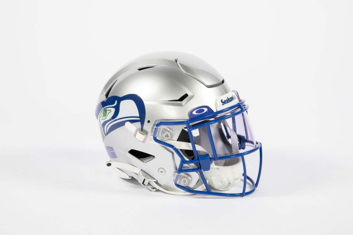A close look at the Seahawks 90s-era silver helmets revealed on Wednesday. (Seahawks.com)