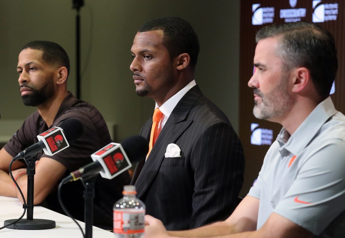 Browns GM Andrew Berry, quarterback Deshaun Watson and coach Kevin Stefanski