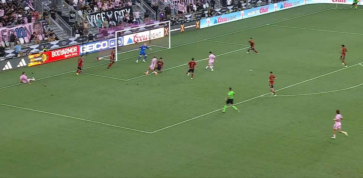 Lionel Messi pictured scoring his second goal of the game for Inter Miami against Atlanta in July 2023