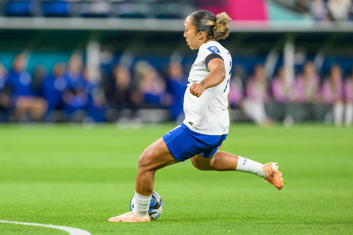 Lauren James pictured scoring for England in a 1-0 win over Denmark during the 2023 FIFA Women's World Cup group stage