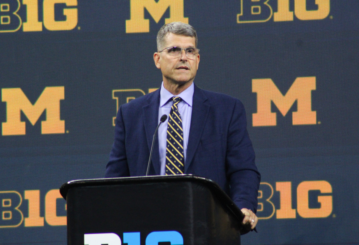 Michigan coach Jim Harbaugh at Big Ten Media Days in Chicago, Ill. 