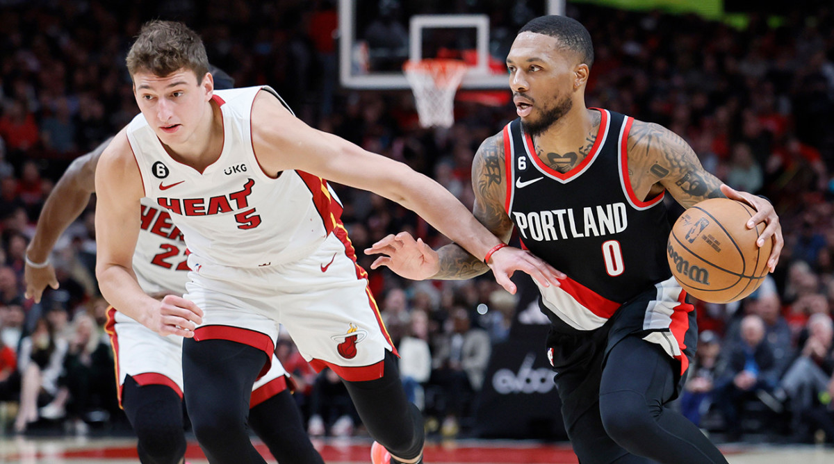 Damian Lillard drives into the paint vs. the Heat.