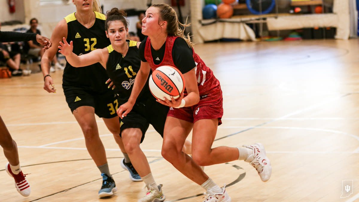 Indiana freshman Lenee Beaumont drives to the basket during the Hoosiers' 120-50 win over the Greek All-Stars on Thursday in Athens.