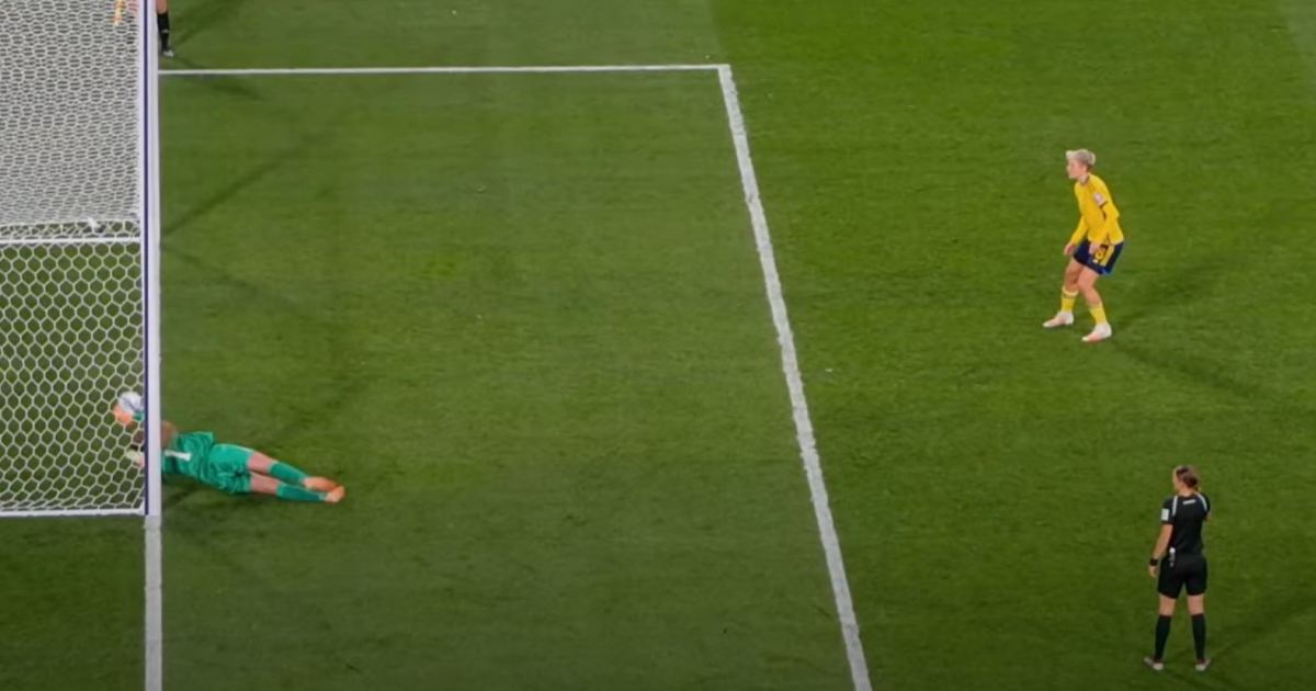 An image showing the moment Lina Hurtig's winning kick in Sweden's 5-4 shootout victory over the USA at the 2023 FIFA Women's World Cup crossed the line