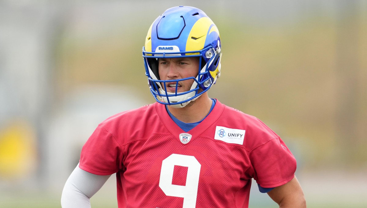 Rams quarterback Matthew Stafford in a red no-contact jersey