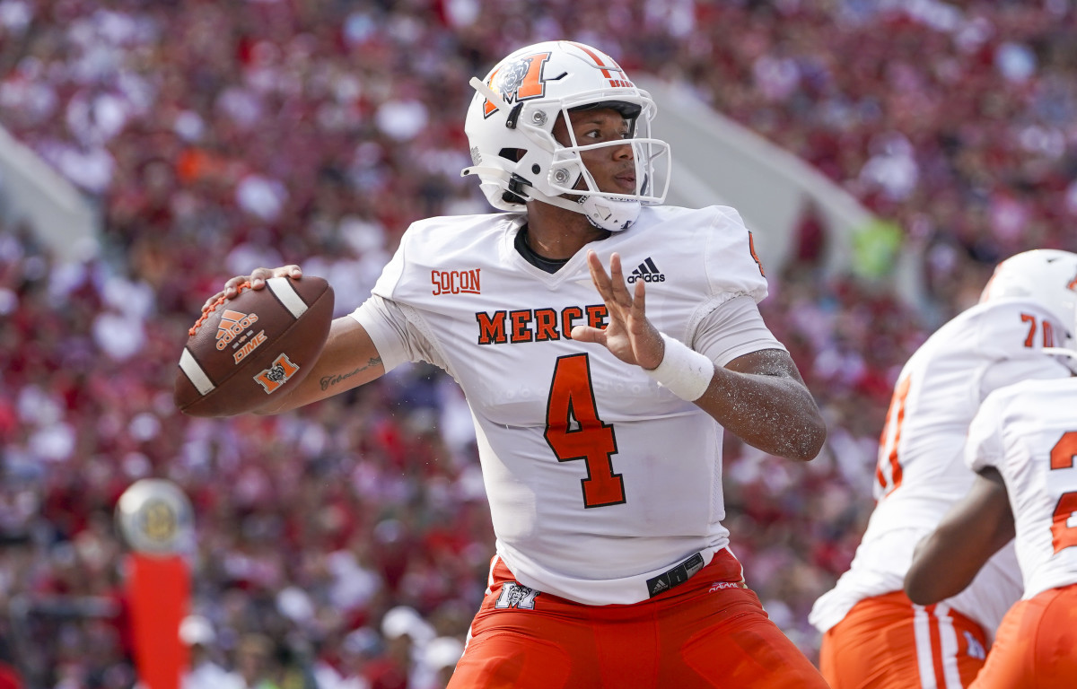 Sep 11, 2021; Tuscaloosa, Alabama, USA; Mercer Bears quarterback Fred Payton (4) throws a pass against the Alabama Crimson Tide at Bryant-Denny Stadium. Mandatory Credit: Marvin Gentry-USA TODAY Sports