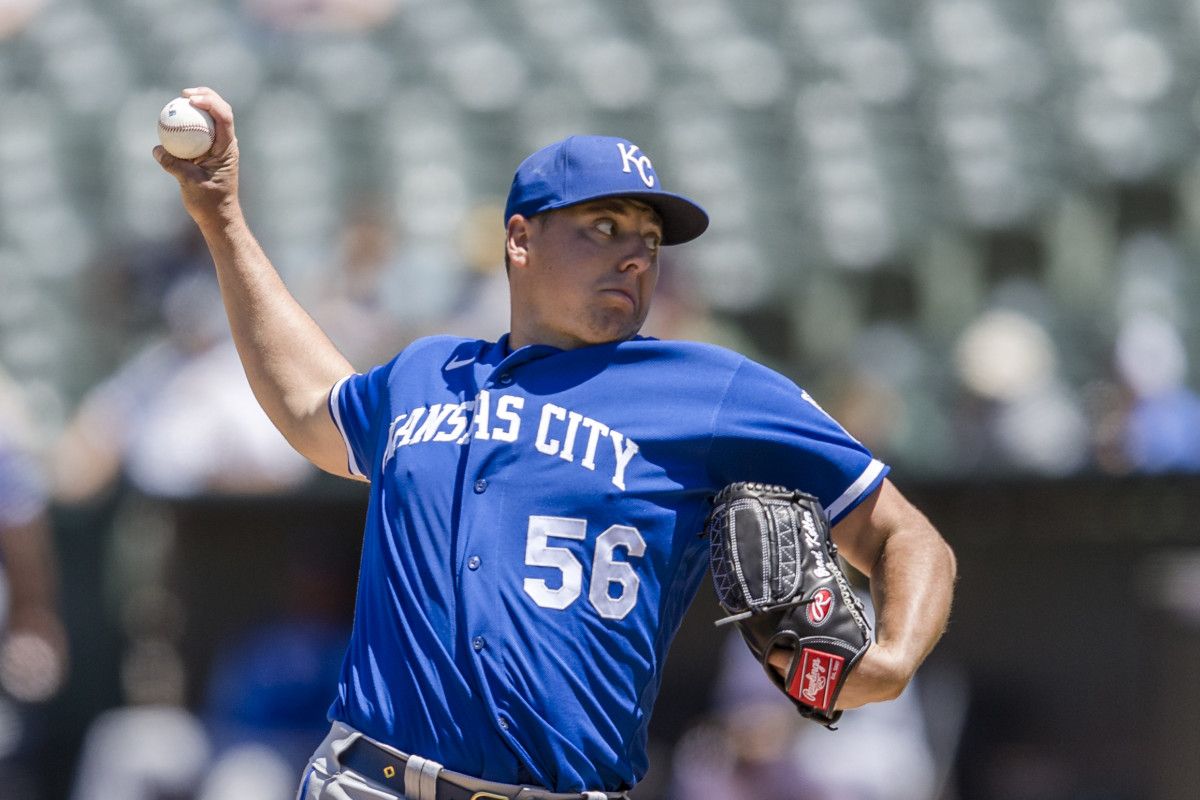 Jun 18, 2022; Oakland, California, USA; Kansas City Royals starting pitcher Brad Keller (56) throws against the Oakland Athletics during the sixth inning at RingCentral Coliseum. Mandatory Credit: John Hefti-USA TODAY Sports