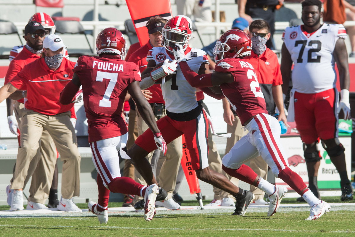 Arkansas safety Joe Foucha steps in to slow down a Georgia Bulldog offensive weapon during the 2021 season. 
