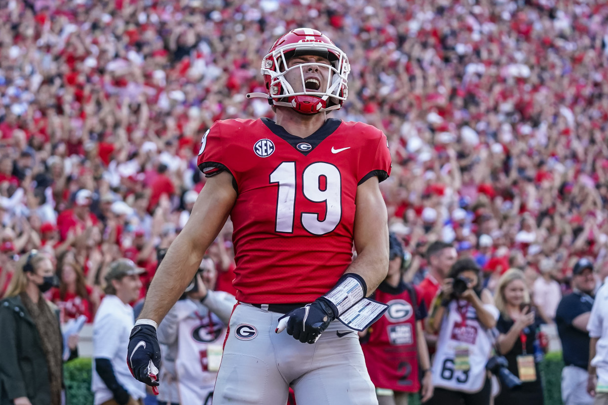 Oct 16, 2021; Athens, Georgia, USA; Georgia Bulldogs tight end Brock Bowers (19) reacts after scoring a touchdown against the Kentucky Wildcats during the second half at Sanford Stadium. Mandatory Credit: Dale Zanine-USA TODAY Sports