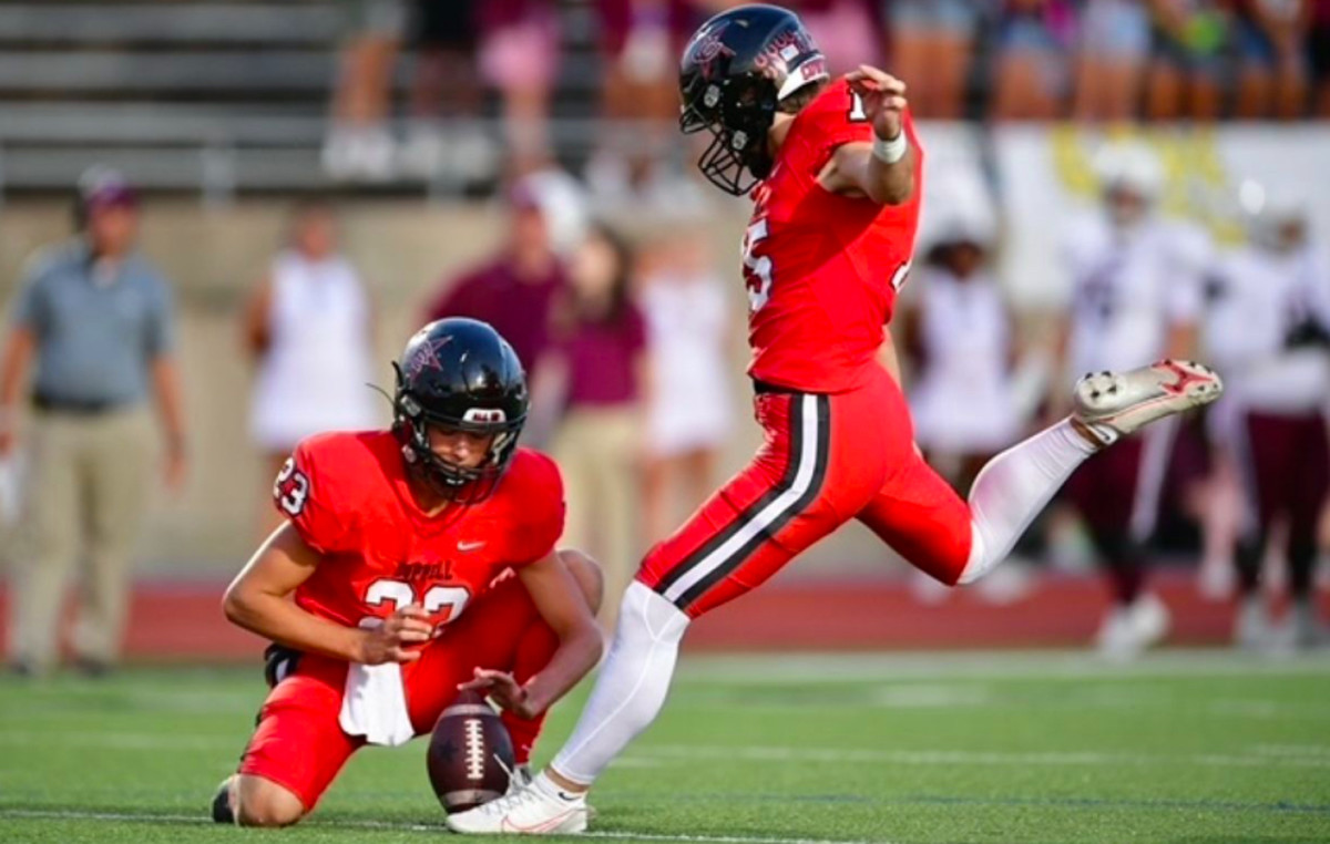 Future Indiana Hoosier Nicolas Radicic lines up to kick for Coppell High School.
