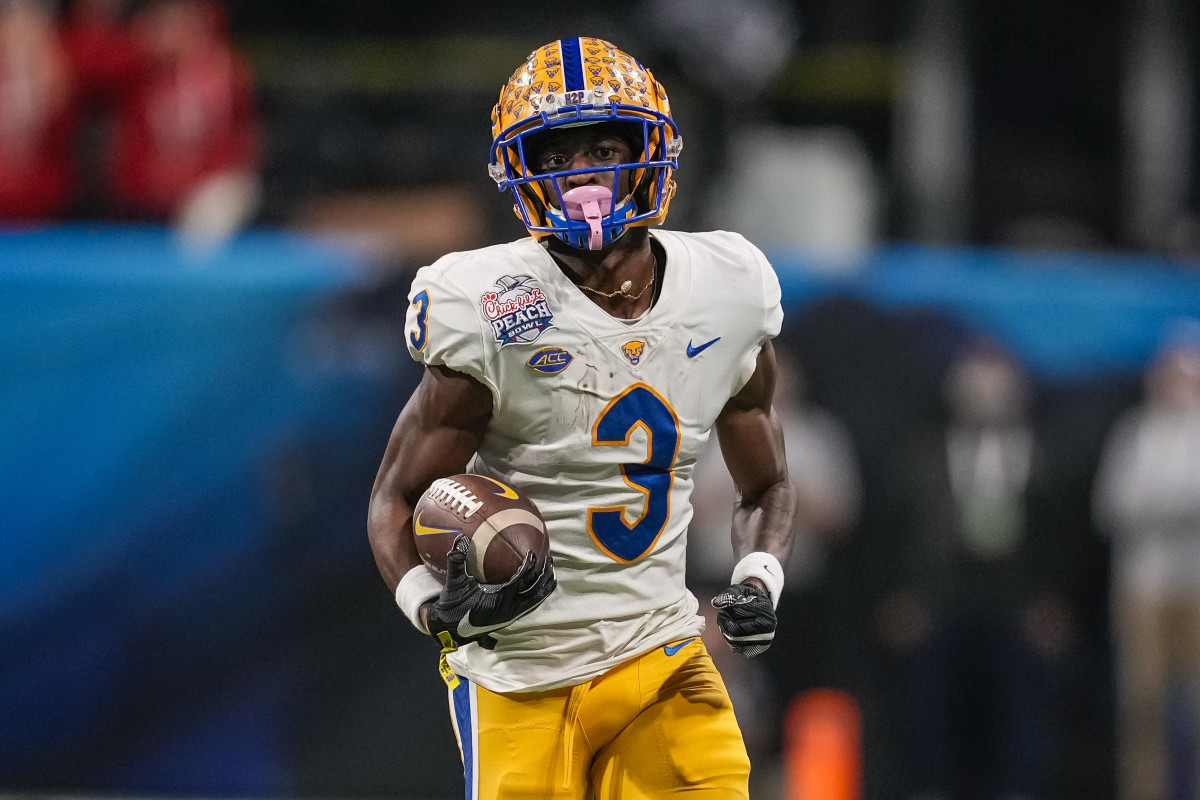 Dec 30, 2021; Atlanta, GA, USA; Pittsburgh Panthers wide receiver Jordan Addison (3) runs after a catch against the Michigan State Spartans at Mercedes-Benz Stadium. Mandatory Credit: Dale Zanine-USA TODAY Sports